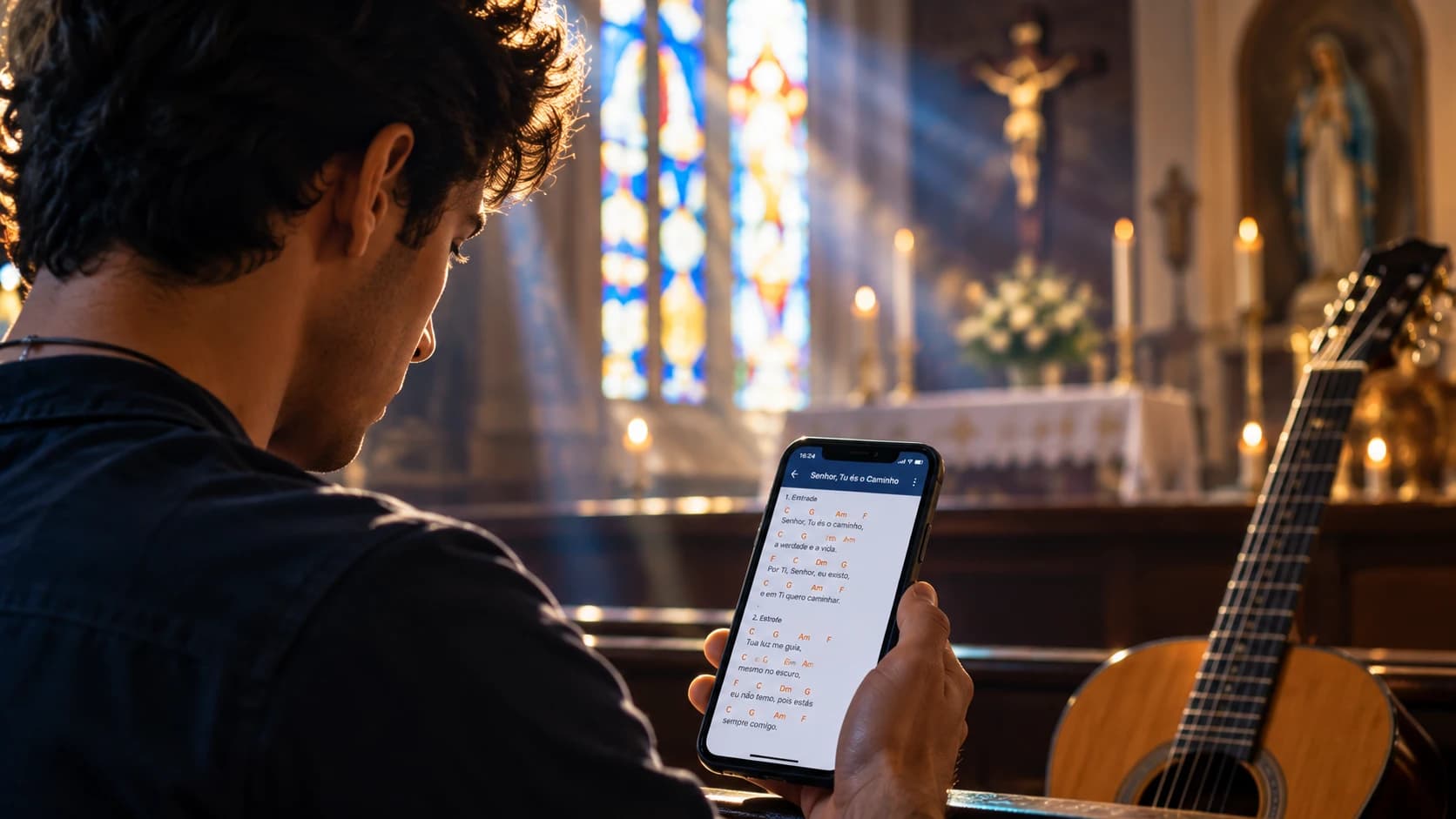 Músico usando o Santo Músico no celular dentro de uma igreja