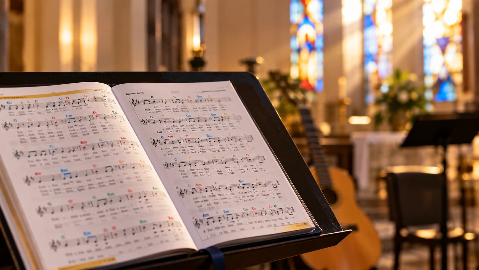Repertório com cifras aberto em uma estante de partitura dentro de uma igreja