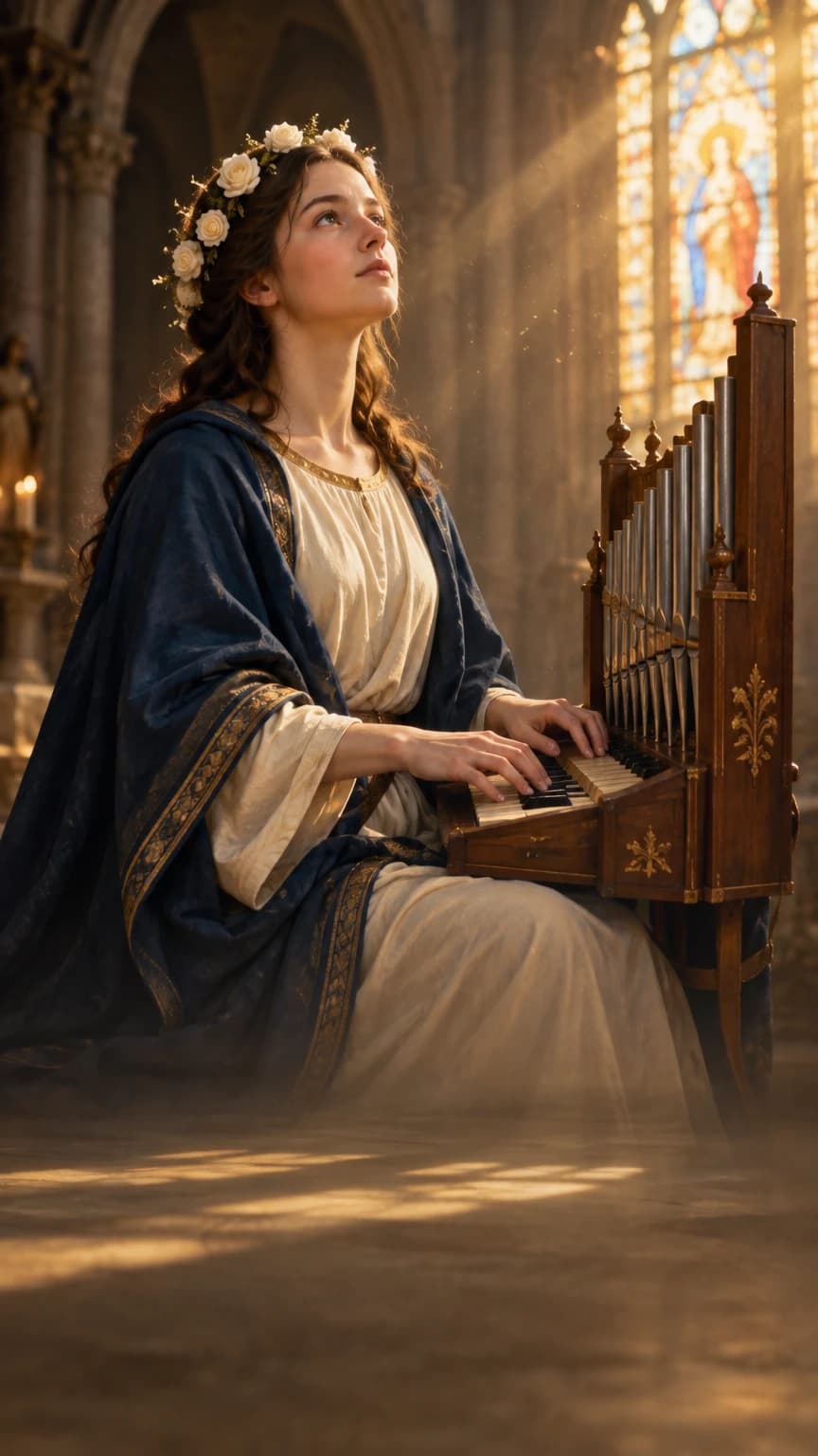 Santa Cecília, padroeira dos músicos, tocando um pequeno órgão sob a luz de um vitral